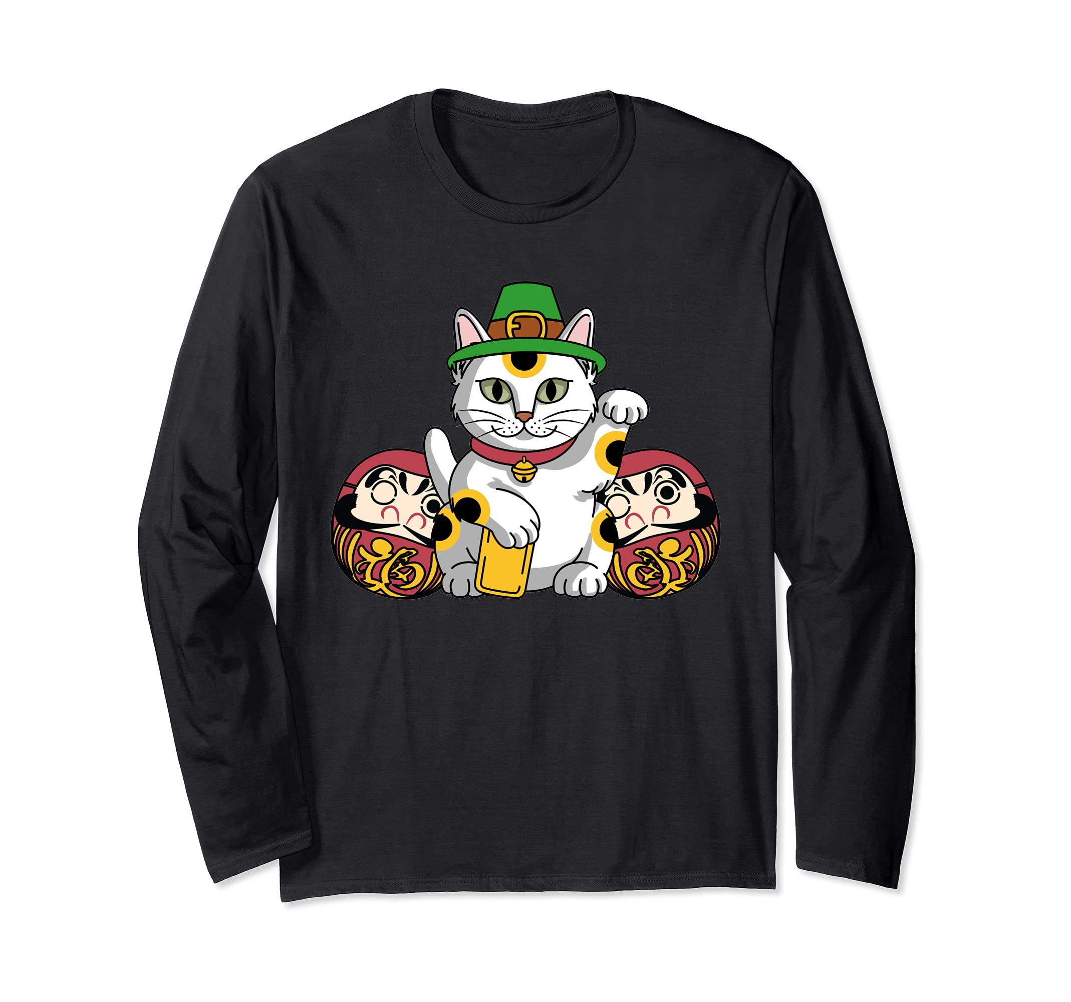 Japanese Daruma Doll Maneki Neko Cat In St. Patrick's Hat Long Sleeve T-Shirt