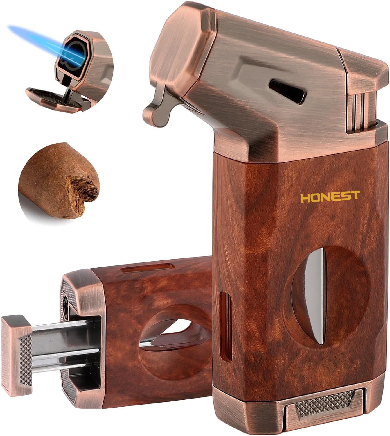 HONEST Torch Cigar Lighter with Windproof Jet Flame Built-in V Cigar Cutter Box for Christmas Refillable Butane Torch Lighters All-in-one Cool Lighters for Smoking Cigars (Brown)