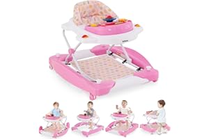 INFANS Baby Walker, 5 in 1 Behind Walker Learning Seated Rocker Bouncer with Removable Music Tray, Adjustable Height, Washable Seat Cushion, Foldable Activity Center for Toddlers (Pink)