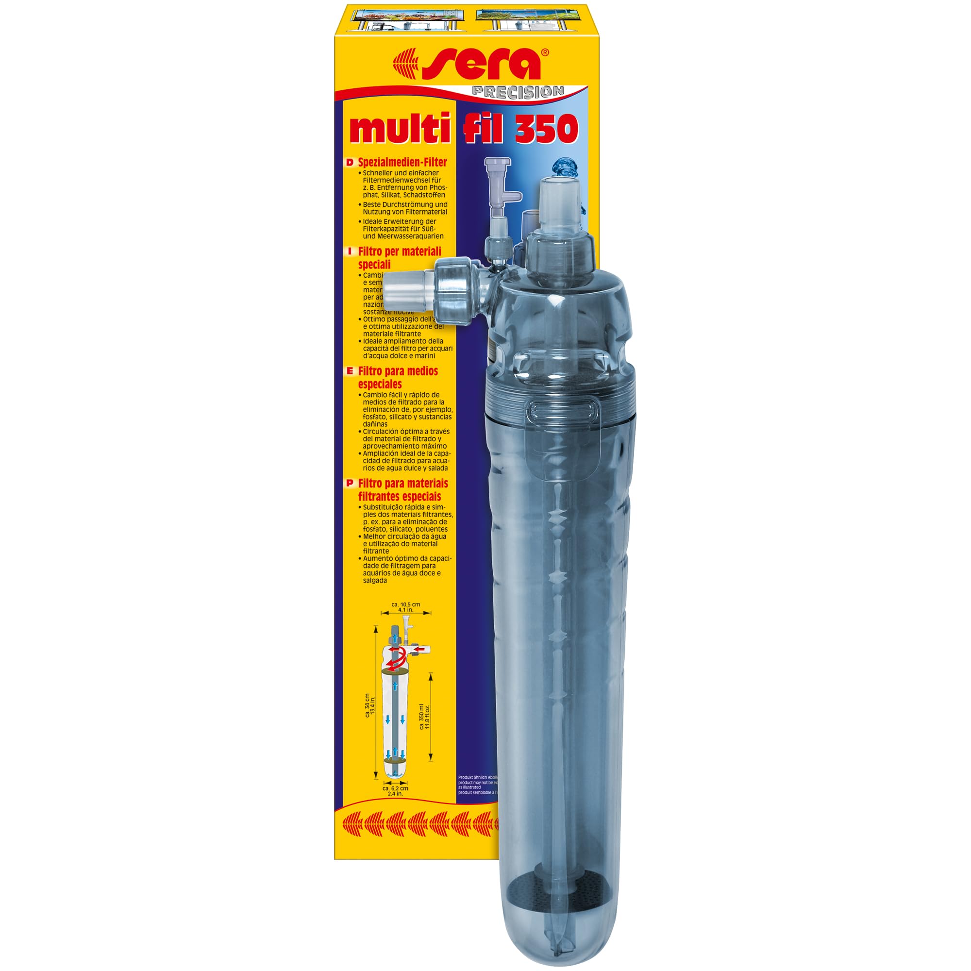 Sera multi fil 350 filter media container for connection to a pump or external filter on the aquarium, for expanding the filter volume for filter material, filter carbon, peat, algovec, phosphate and silicate