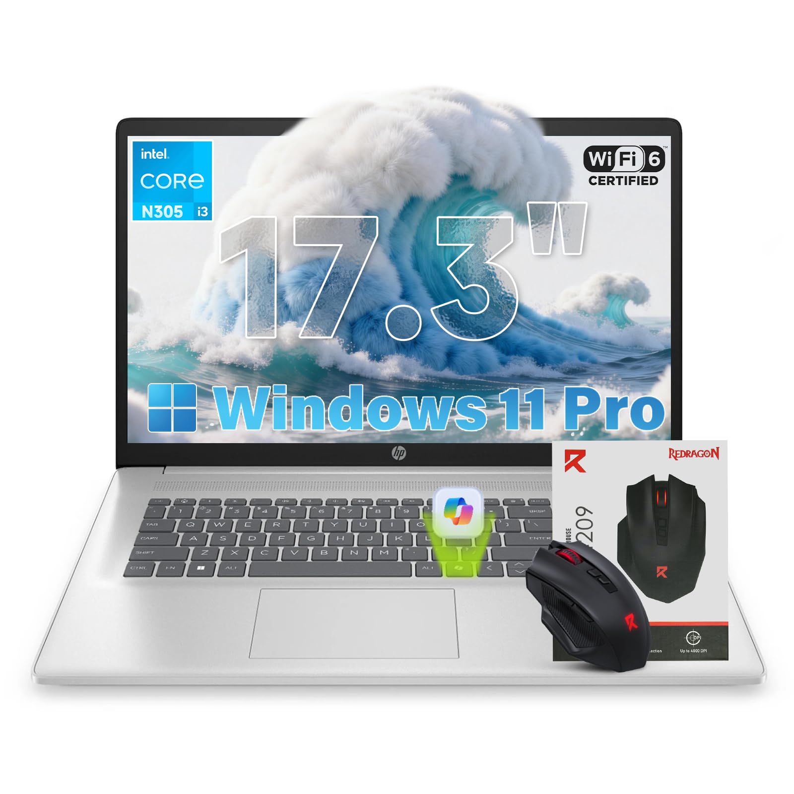HP 17 inch Laptop FHD 2026, Intel 8 Cores i3-N305 Processor, 16GB RAM, 512GB SSD, 17.3" FHD IPS Display, AI Copilot, Wins 11 Pro, Long Battery Life for Student & Business, Wi‑Fi 6, Patented Accessory