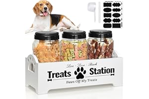 Y&ME YM Dog Treat Container Dog Food Container for Dog Food Storage, Farmhouse Cat Food Container Pet Food Storage Organizer, Wood Dog Treat Holder with 3 Plastic Cat Dog Treat Jars, White Cat Treat Container