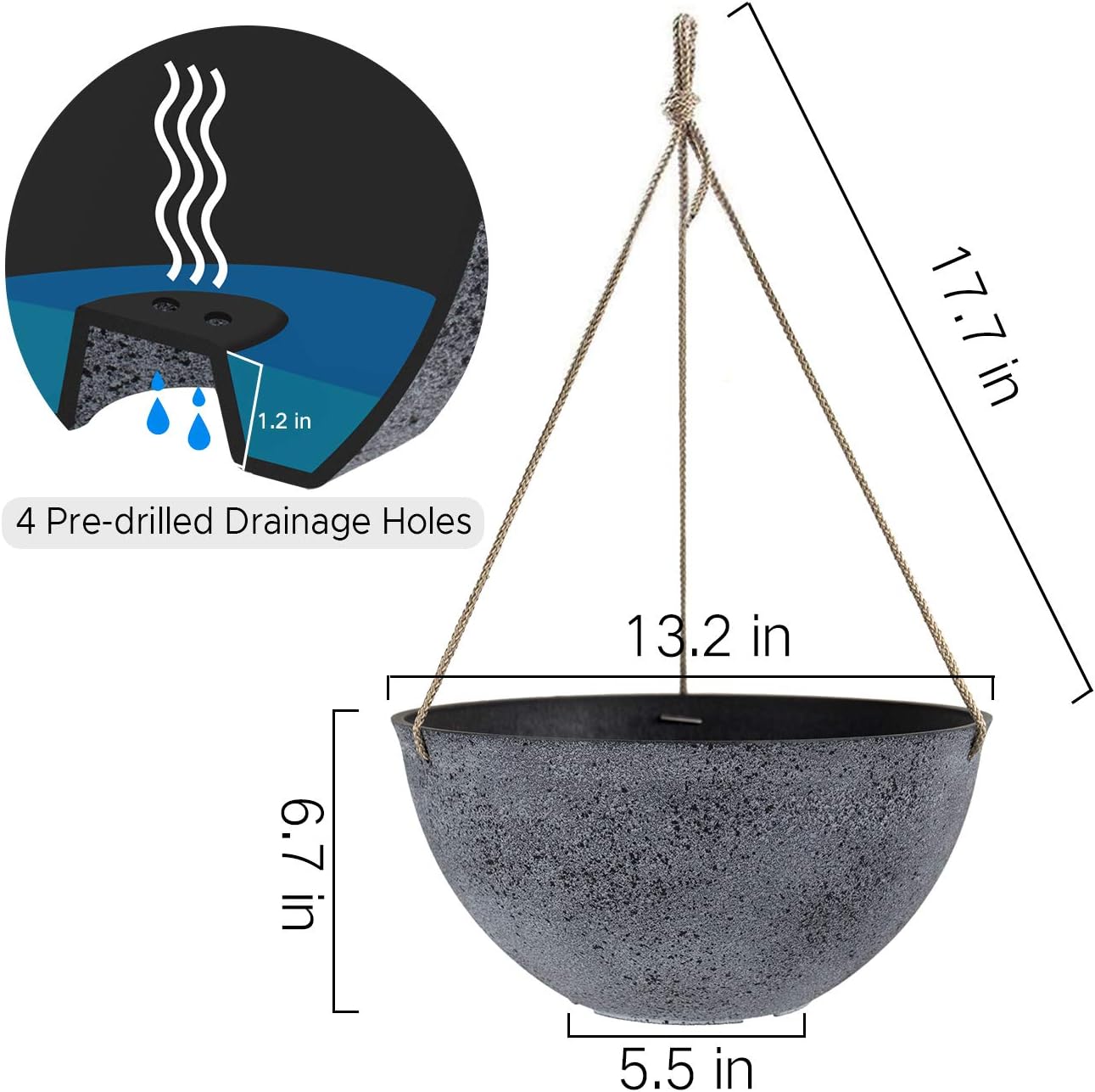 Large Hanging Planters for Outdoor Indoor Plants, Hanging Flower Pots with Drainage Holes(13.2", Rock Gray): Garden & Outdoor