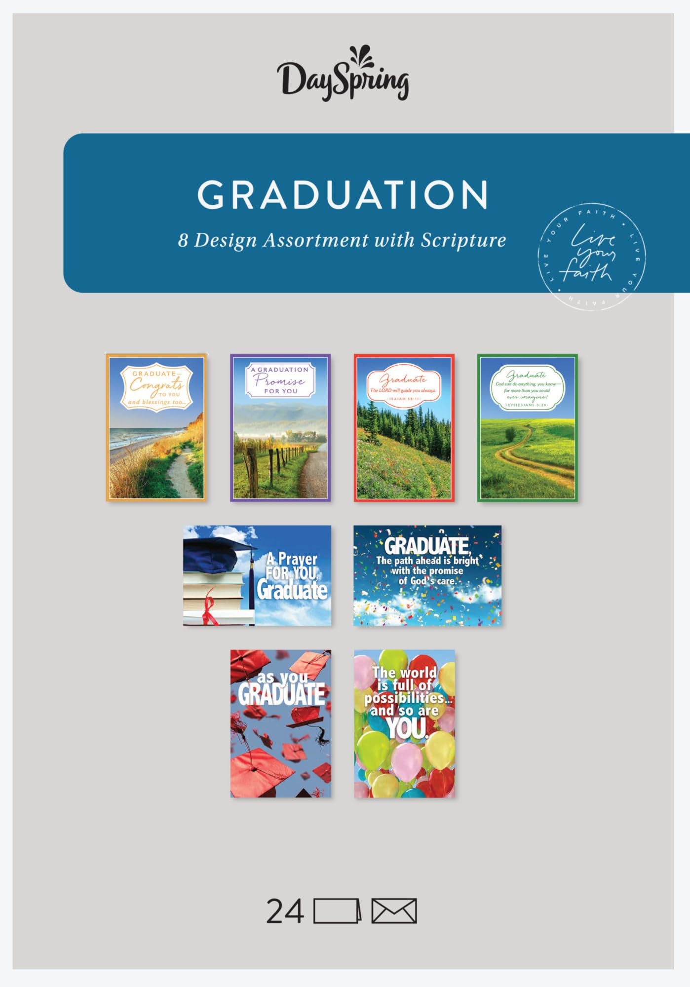 Dayspring - Congrats Graduate – Graduation – 8 Design Assortment with Scripture - 24 Bulk Boxed Cards & Envelopes (J4924)