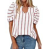 Tankaneo Womens Puff Sleeve Striped Blouses Dressy Casual V Neck Shirts Summer Trendy Loose Fit Tunic Tops