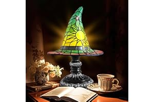 LOISDARO Witch Hat Lamps - Handcrafted Stained Gothic Wizard Hat Lights for Decor, Mystical Bedroom Ambiance & Wiccan Gifts，Light with Glow-in-The-Dark Figurine for Bedroom (Green)