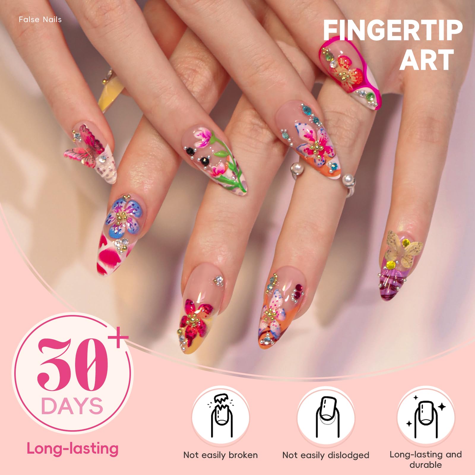 HOSAILY 3D Tropical Floral Press on Nails Medium Almond, Colorful Butterfly Bright Flower Summer Beach Handmade Full Cover Stick on Nails for Women, 24Pcs Glossy Reusable Fake False Nails with Glue - Image 3