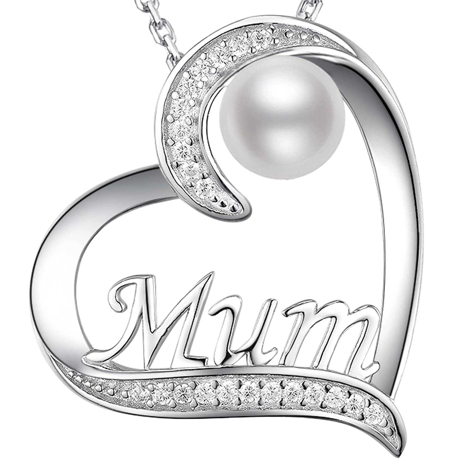 GinoMay Mothers Day Birthday Gifts for Mum June Birthstone White Pearl Jewellery Mum Necklace Love Heart Pendant Necklace Sterling Silver