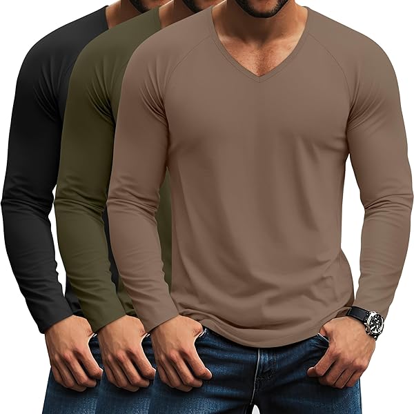 Baggyfly 3 Pack Men's V Neck Thermal Ribbed Shirts Cotton Long