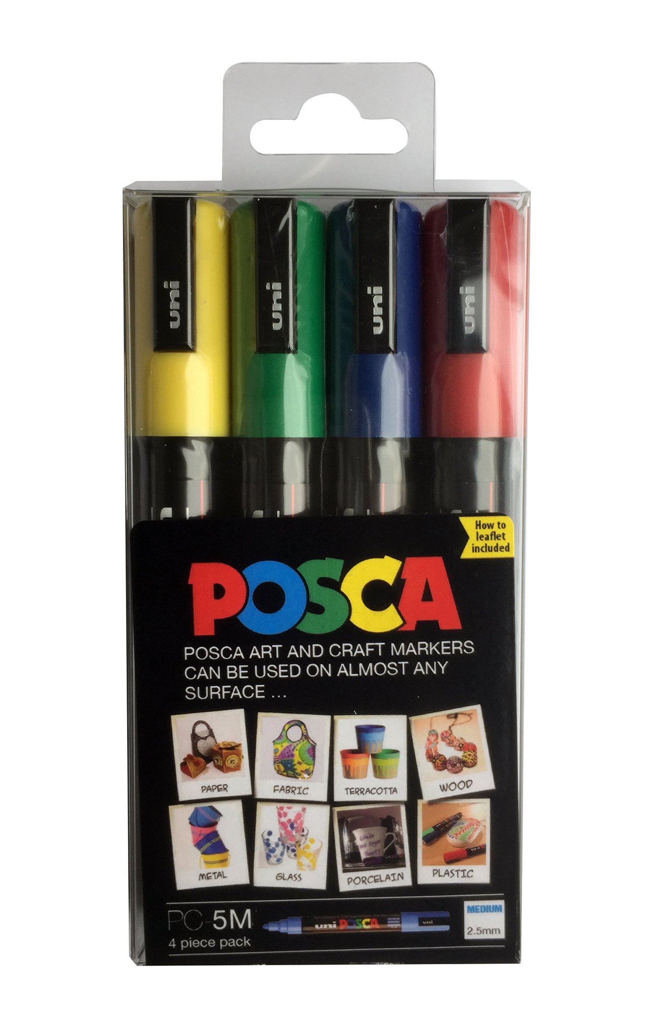 POSCA PC-5M Permanent Marker Paint Pens. Medium Bullet Tip for Art & Crafts. Multi Surface Use On Wood Metal Paper Canvas Cardboard Glass Fabric Ceramic Rock Pebble Stone Porcelain. Set of 4 Colours