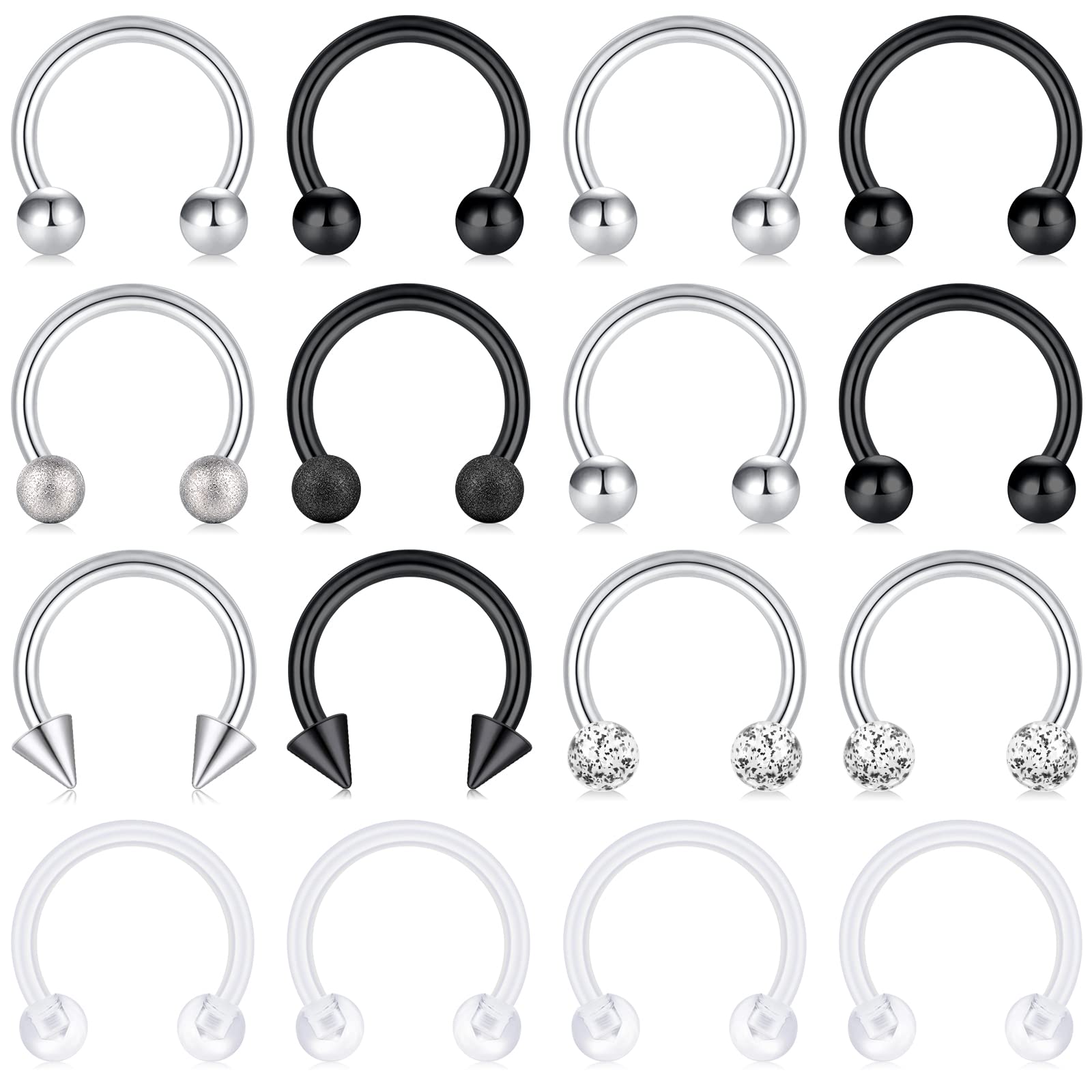 Incaton 1.2mm Septum Rings 16G 16PCS Stainless Steel Horseshoe Labret Monroe Helix Tragus Earrings Piercing Jewellery for Women Men 10mm
