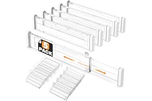 HiYZ Expandable Drawer Dividers with Inserts - Adjustable Drawer Organizers Separators for Kitchen, Bedroom, Dresser, Office, 8 Long Dividers(12.6-22.8 IN) with 10 Inserts(3.9-7.1 IN) - Clear