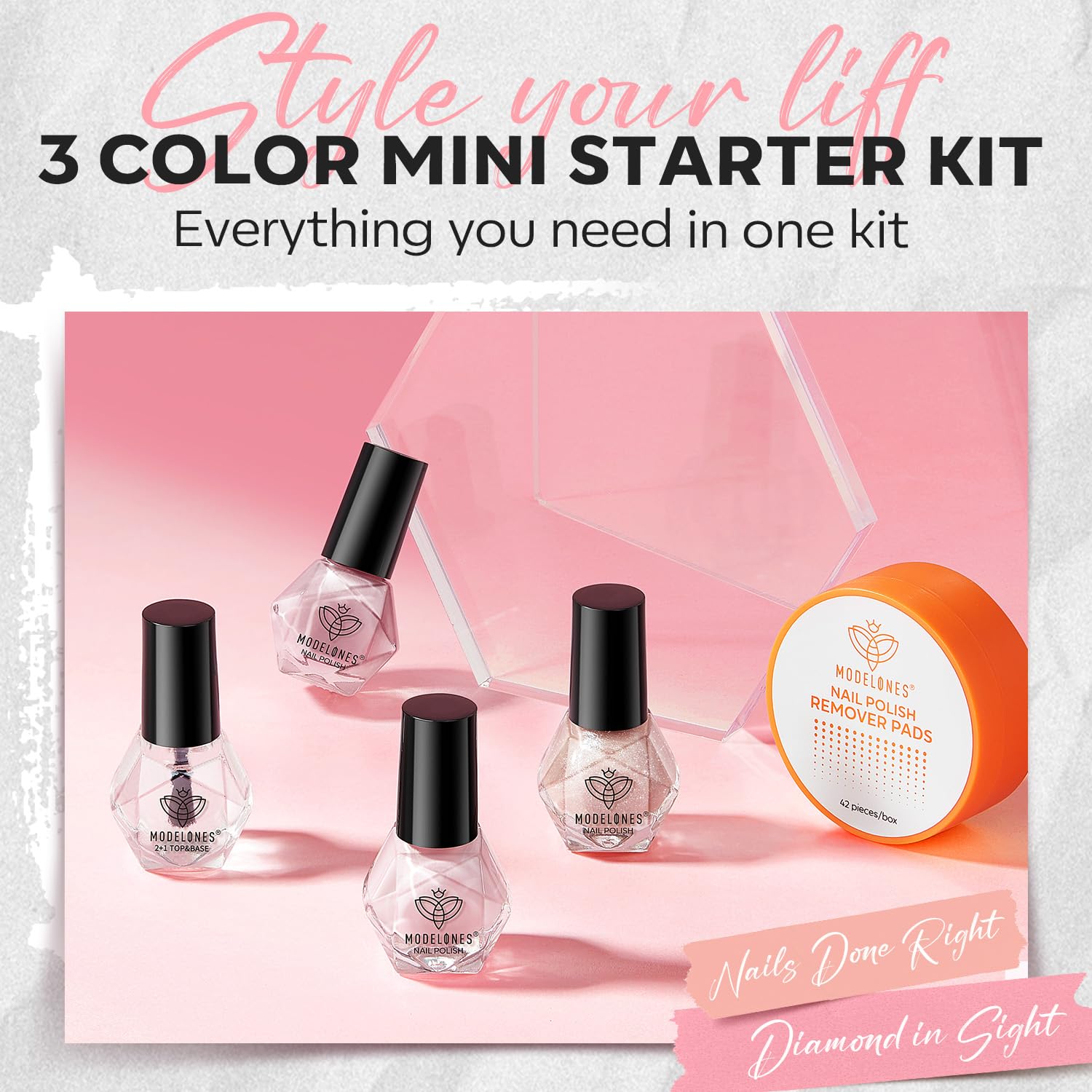 modelones Nail Polish Set - 3 Colors Natural Nude Kit with Base & Top Coat, Remover Pad & Glitter Nail Polish for Salon & Home - Image 7