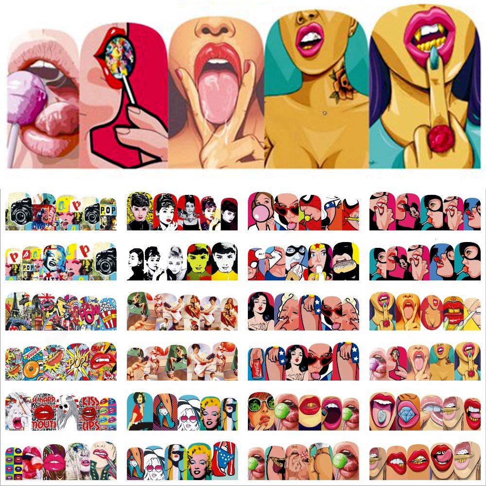Nail Stickers Water Transfer Women Girls Nail Decals Trendy Manicure Full Nail Wraps Nail Art Sticker Decoration Supplies Pop Movie Stars Sexy Girls Lips Pattern Design