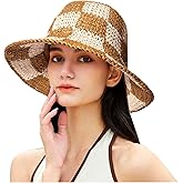 Sun Hats Checkerboard Straw Bucket Hat for Women Packable Crochet Wide Brim Floppy Beach Hats Traveling Summer Accessories