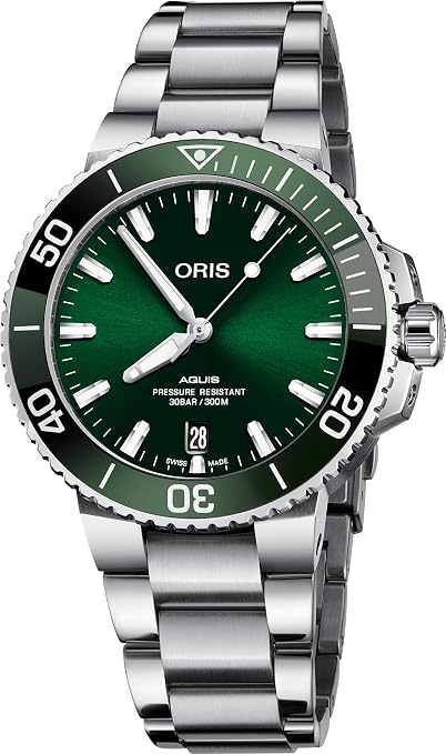 Oris Aquis Date 01 733 7732 4157-07 8 21 05PEB - Orologio Automatico, Quadrante Verde, Cinturino In Acciaio, 300m