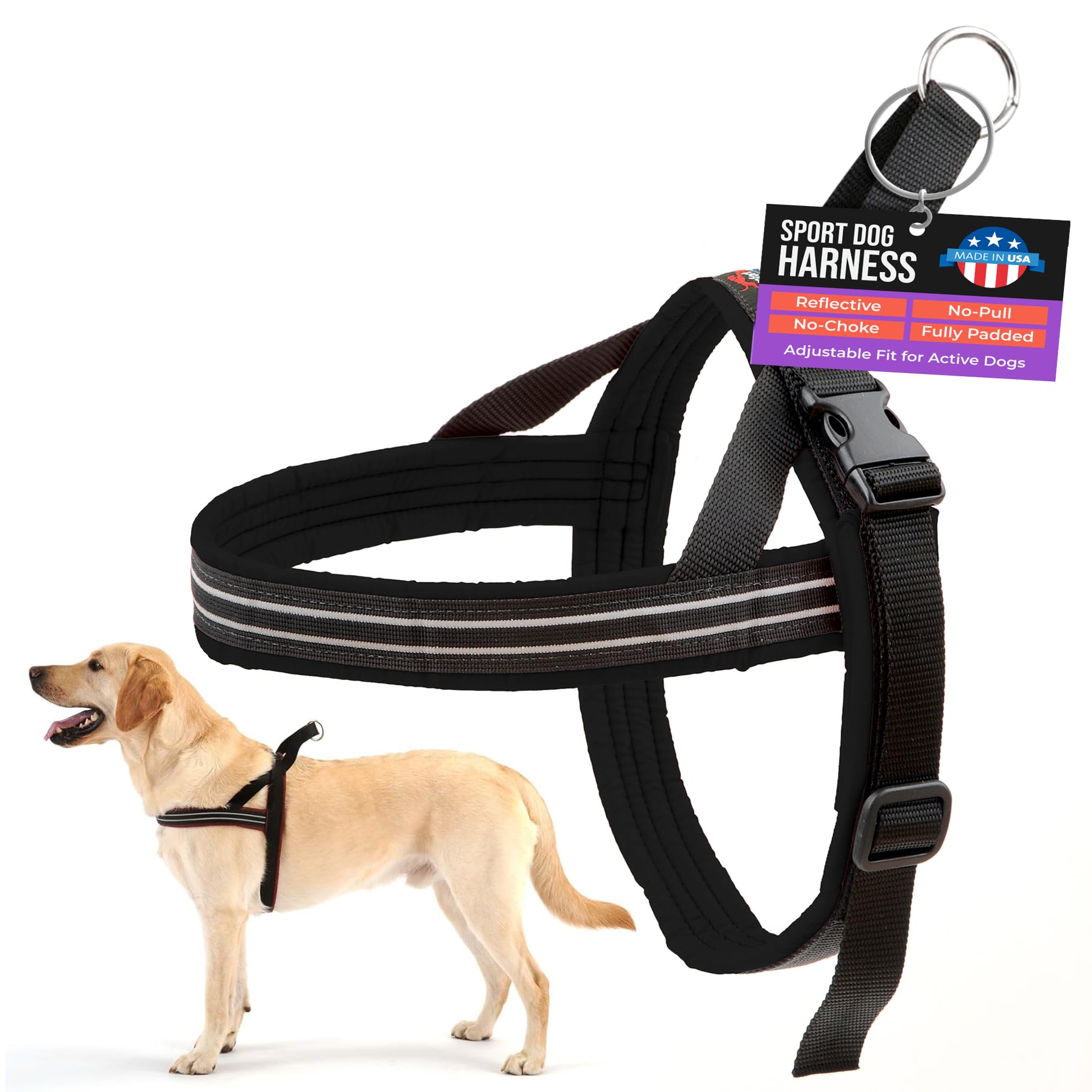 ComfortFlex Sport Dog Harness - Made in The USA - Fully Padded, Reflective, Adjustable, Lightweight No-Choke, No-Pull, Non-Chafing Design for Active Dogs, Enhanced Control, XLarge, Raven Black