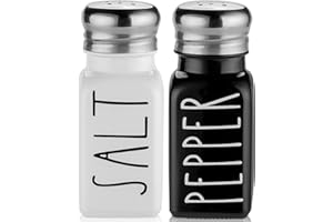 Salt and Pepper Shakers Set by Brighter Barns - Cute Modern Farmhouse Kitchen Decor for Home Restaurants Wedding - Gorgeous Vintage Glass Black White Shaker Sets with Stainless Steel Lids