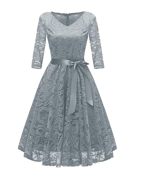 Laorchid Vintage Damen Kleid 3/4 Ärmel Floral Spitzenkleid Swing Cocktailkleid