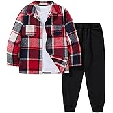 Hihosdor Boys Clothes Plaid Long Sleeve Button Down Shirt White T-shirt Tops and Pants Set 3Pcs Winter Boy Clothes 6-14 Years