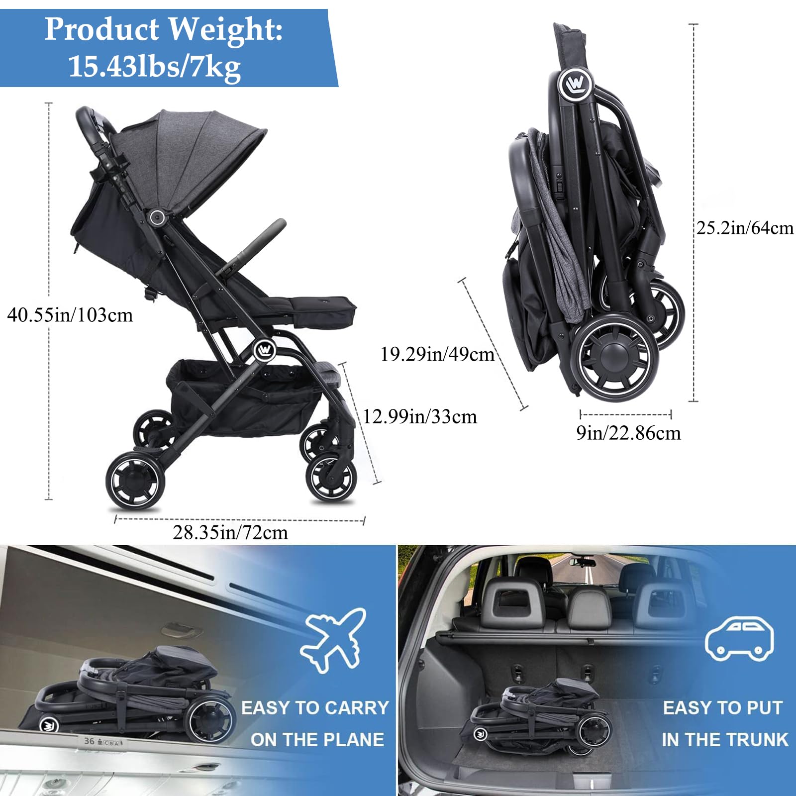 Lightweight Baby Stroller, Compact Travel Stroller with Sleep Shade, Oversize Basket, One Hand Easy Foldable Pram for Airplane Travel and More