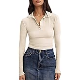 Tankaneo Womens Long Sleeve Polo Shirts V Neck Collared Work Shirt Slim Fit Ribbed Knit Basic Going Out Fall Tops