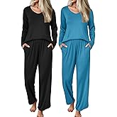 Ekouaer 2 Pack Womens Ribbed Knit Pajama Sets V Neck Soft Lounge Sets Long Sleeve PJs Loose Matching Outfits Set