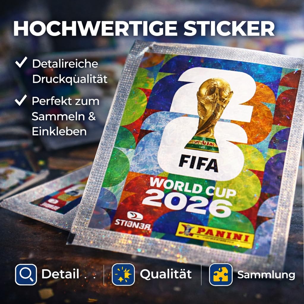 XXL Fan Starterset WM 2026 – Original Panini Sticker Album, Extra 1x Spielplan & Deutschland Blumenkette (25 Tüten / 175 Sticker Set) Eigenmarkenbundle 5