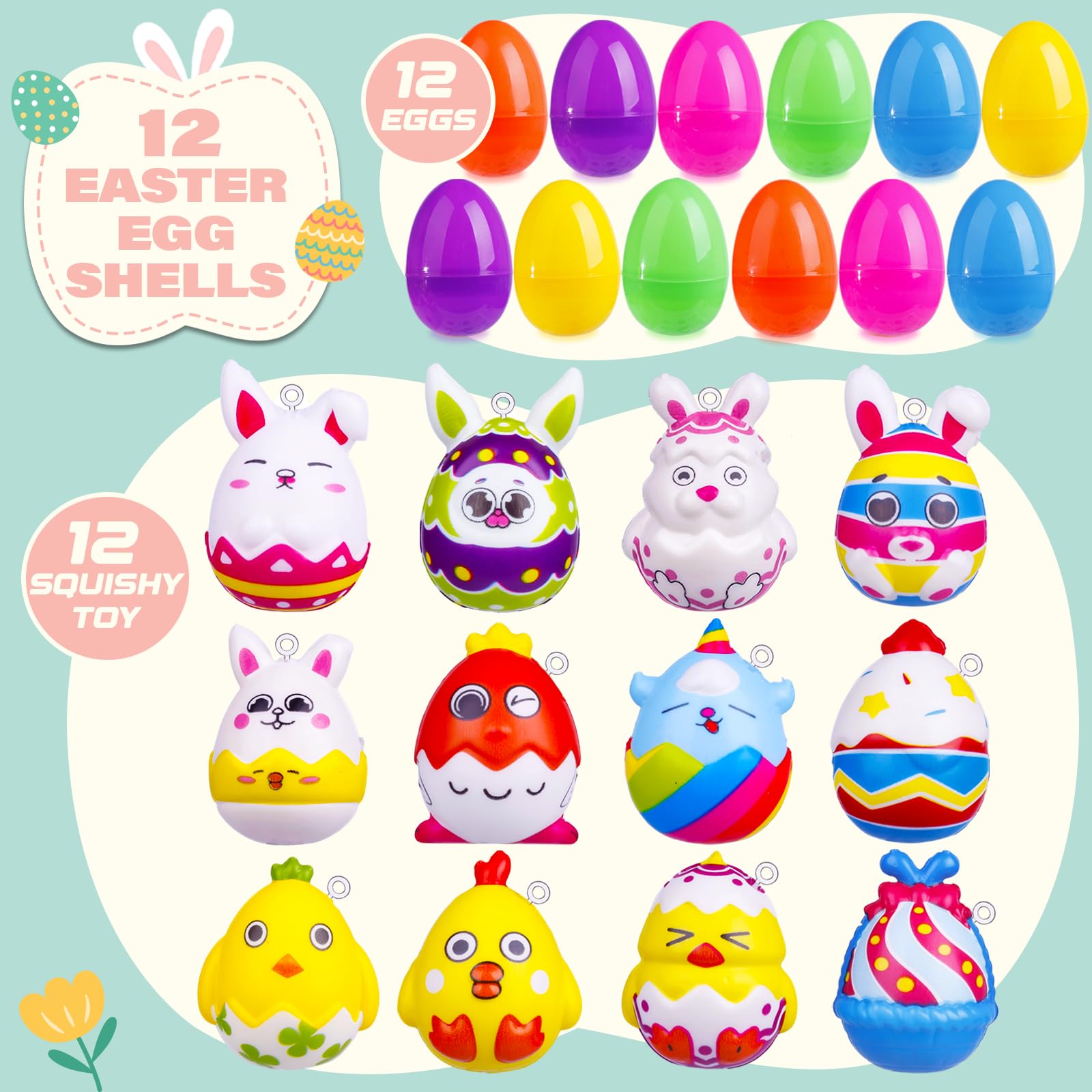 Exun 12 Pack Easter Eggs Filled with Squishy Toy - Mini Squishies Eggs Bunny Toys Inside for Easter Eggs Hunt, Easter Basket Stuffers/Fillers, Filling Treats, Party Favor, Classroom Prize Supplies