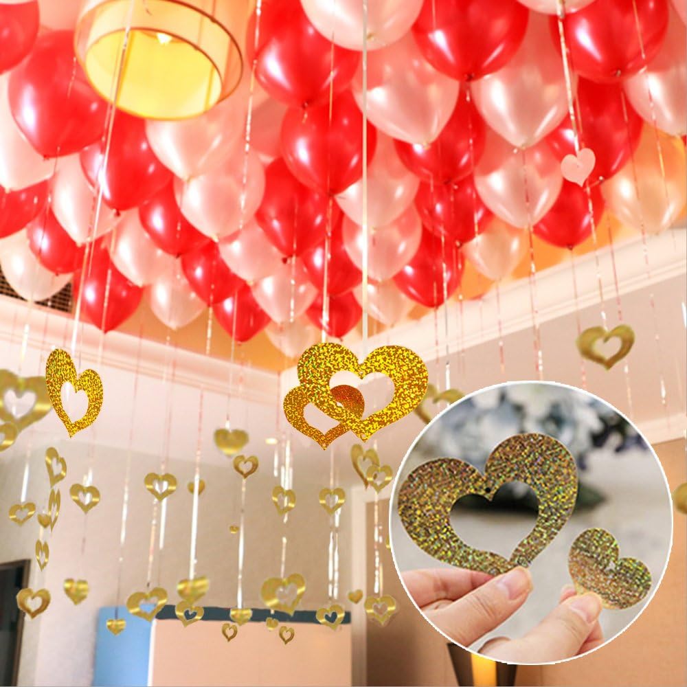 PROPARTY Silver Foil Fringe Tassel Curtain & Gold Heart Shaped Cutouts Confetti Balloon Pendant Hanging String for Birthday Wedding Anniversary Party Decorations 100 PCS, Silver, Gold
