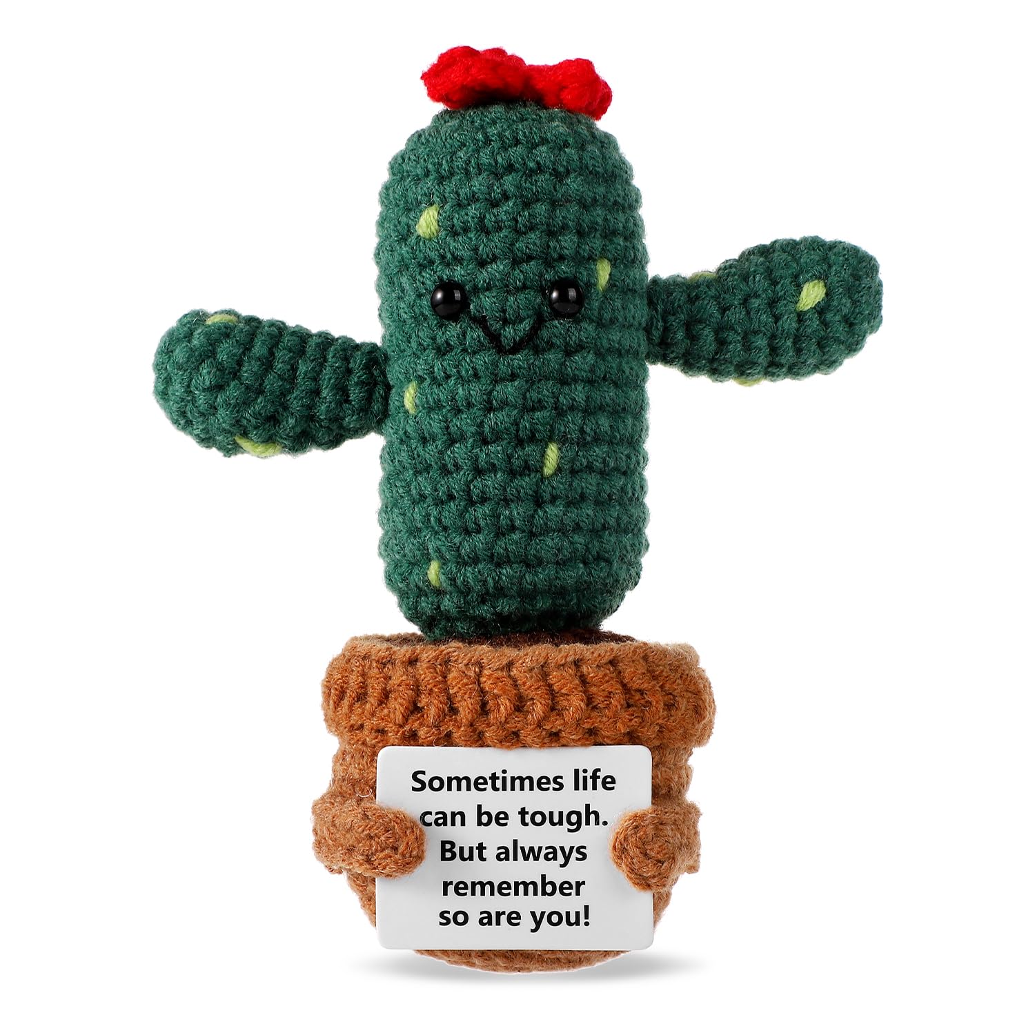 Positive Cactus Crochet, 5.3 Inch Handmade Summer Knitted Cactus Toy Funny Positive Cactus Cute Life Plant Doll Gifts with Encouragement Card for Home Party Decoration