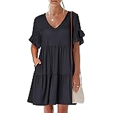 ANRABESS Dresses for Women Summer 2026 V Neck Ruffle Sleeve A Line Tiered Flowy Casual Trendy Mini Beach Dress with Pockets