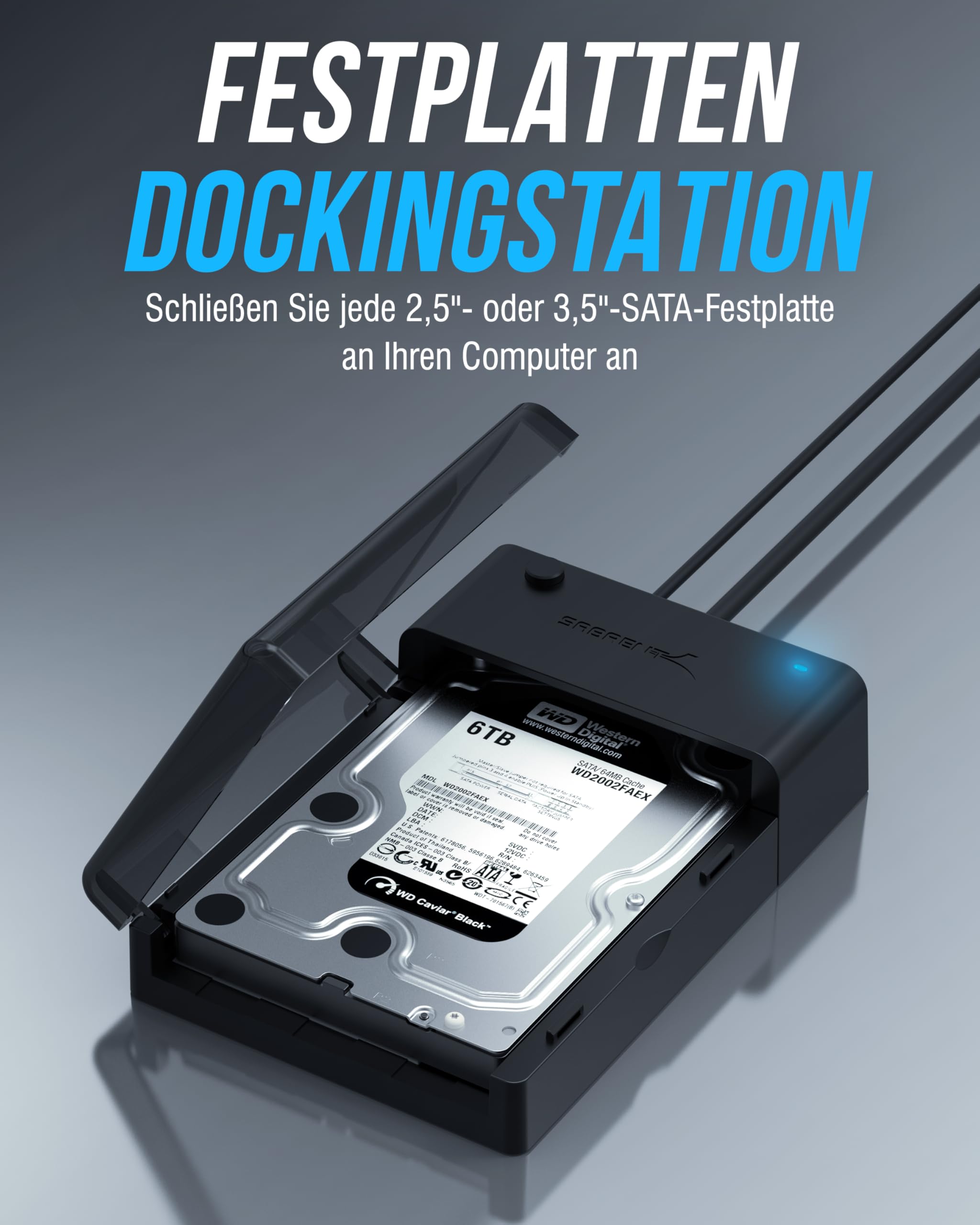 SABRENT Festplatten Dockingstation für 2,5''/3,5'' SATA HDD & SSD USB-A 5Gbps – Externes Festplattengehäuse USB 3.0 – Docking Station ohne Festplatte (EC-DFLT) 2