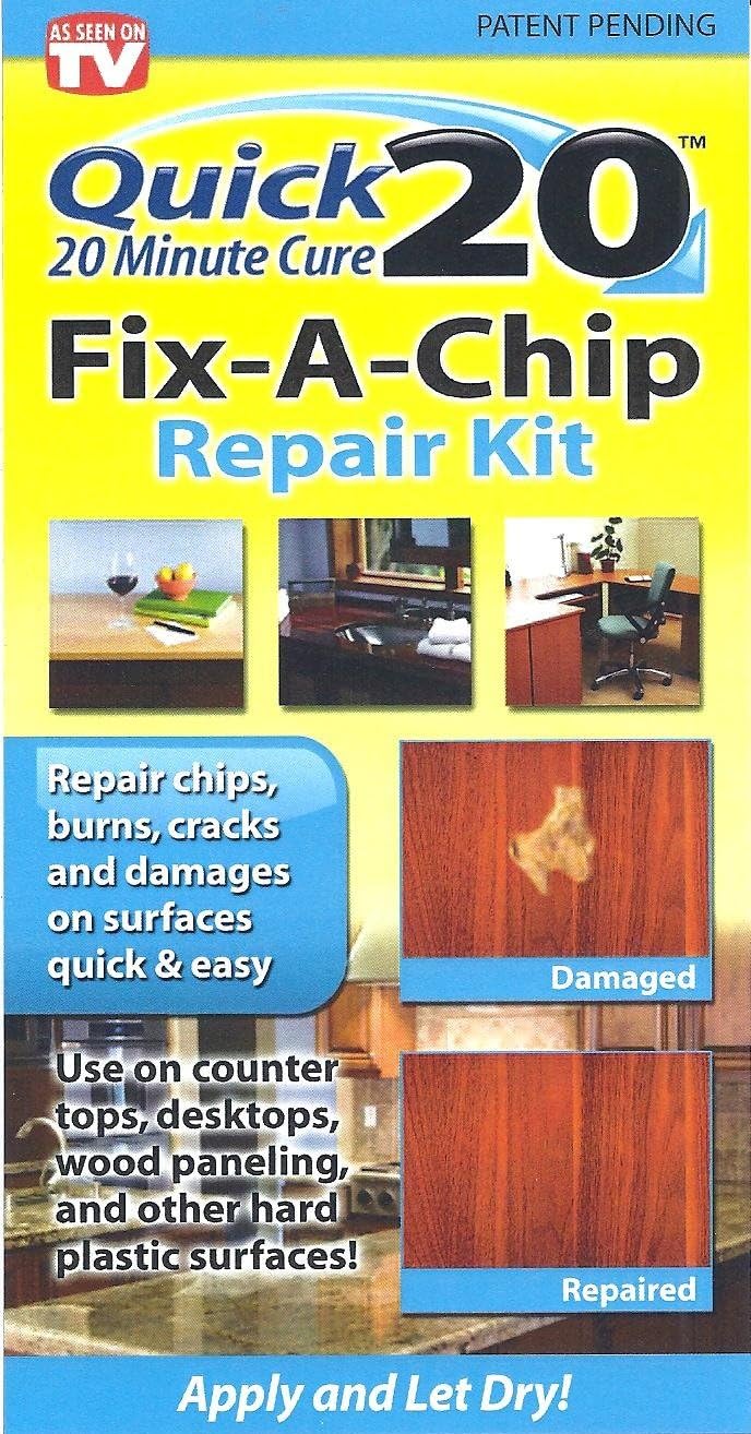 Quick 20 Fix-A-Chip Repair kit repairs chips, burns, cracks, holes and damages on surfaces quick and easy. Use on countertops, desks, chairs, wood paneling, tables, chairs, dressers, walls, book cases.