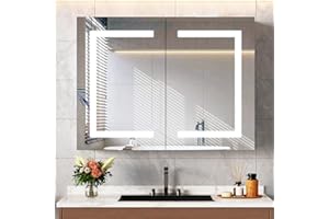 Snughome Bathroom Medicine Cabinet with Mirror and LED Lights, Wall Mount Bathroom Mirror with Storage, Anti-Fog, Built-in Power Outlets, Dimmable 3 Color Temp, Antirust Easy to Install, 31.5" x 23.6"
