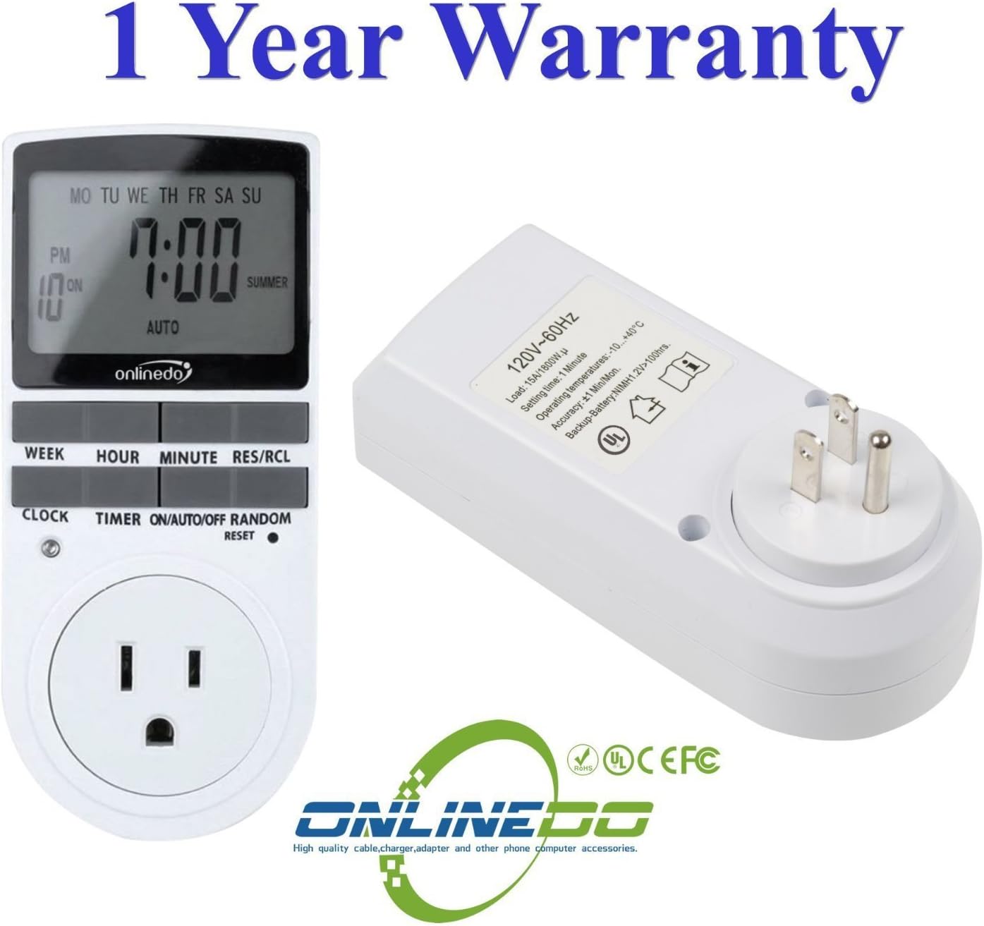 2.3" LCD 24-Hour/7-Day Progranmmable Plug-in Wall Energy Saving Outlet Timer Switch Smart Control Socket with 3-prong Outlet for Lights and Appliances - 1800W/15A , UL Listed