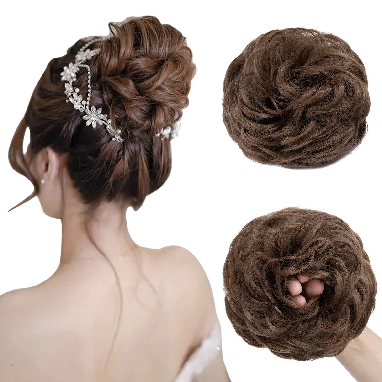 Rich Choices Messy Bun Hair Piece - Light Brown Wavy, Volumized, Heat Resistant Synthetic Hair Bun Scrunchies for Women - XL Size, Easy to Use, Comfortable, Modern Style