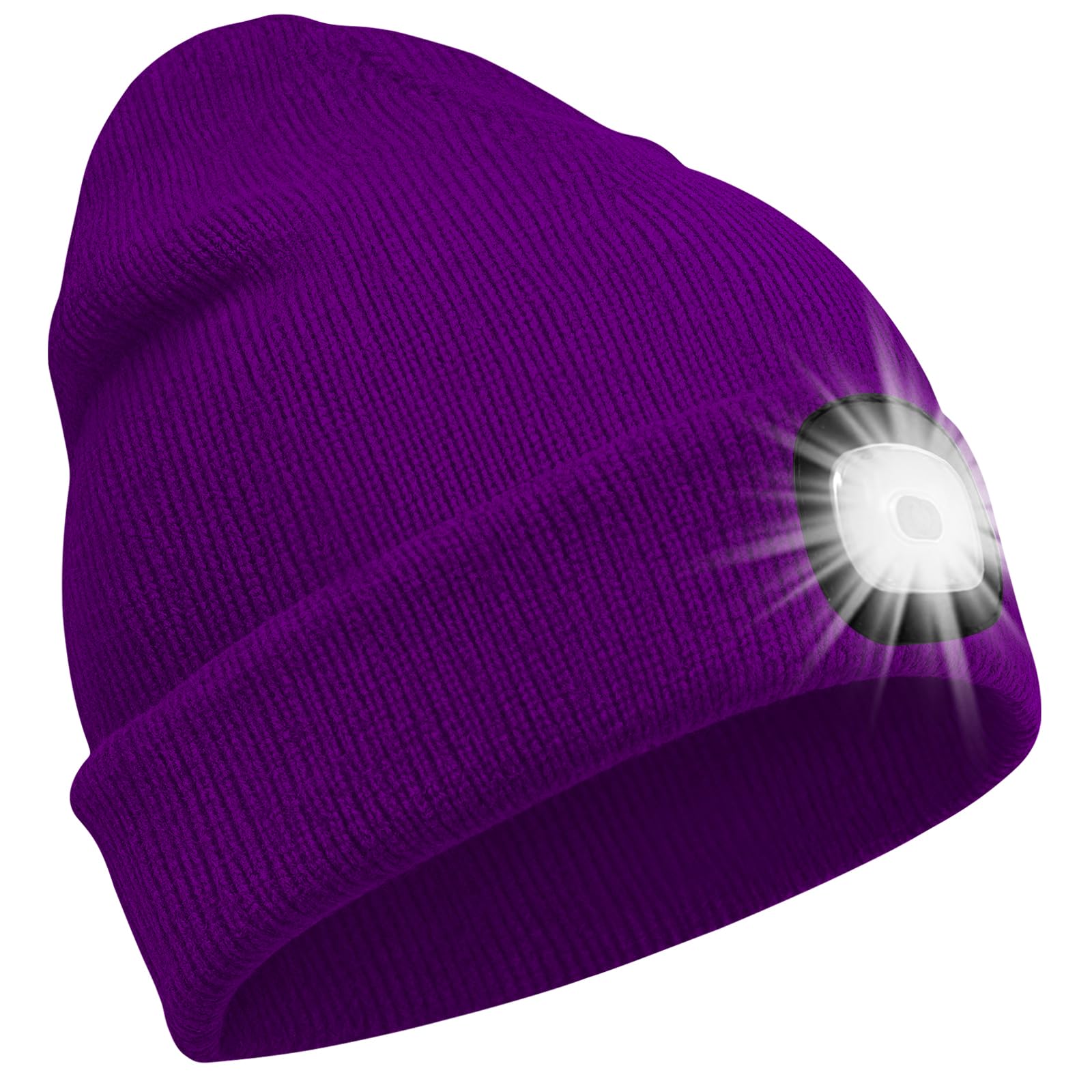 SPGOOD LED Lighted Beanie Cap Unisex USB Rechargeable Headlamp Knit Hat Winter Warm Hands Free Multi-Color with 3 Brightness Levels 4 LED Light for Hunting Running Camping Fishing (Purple)