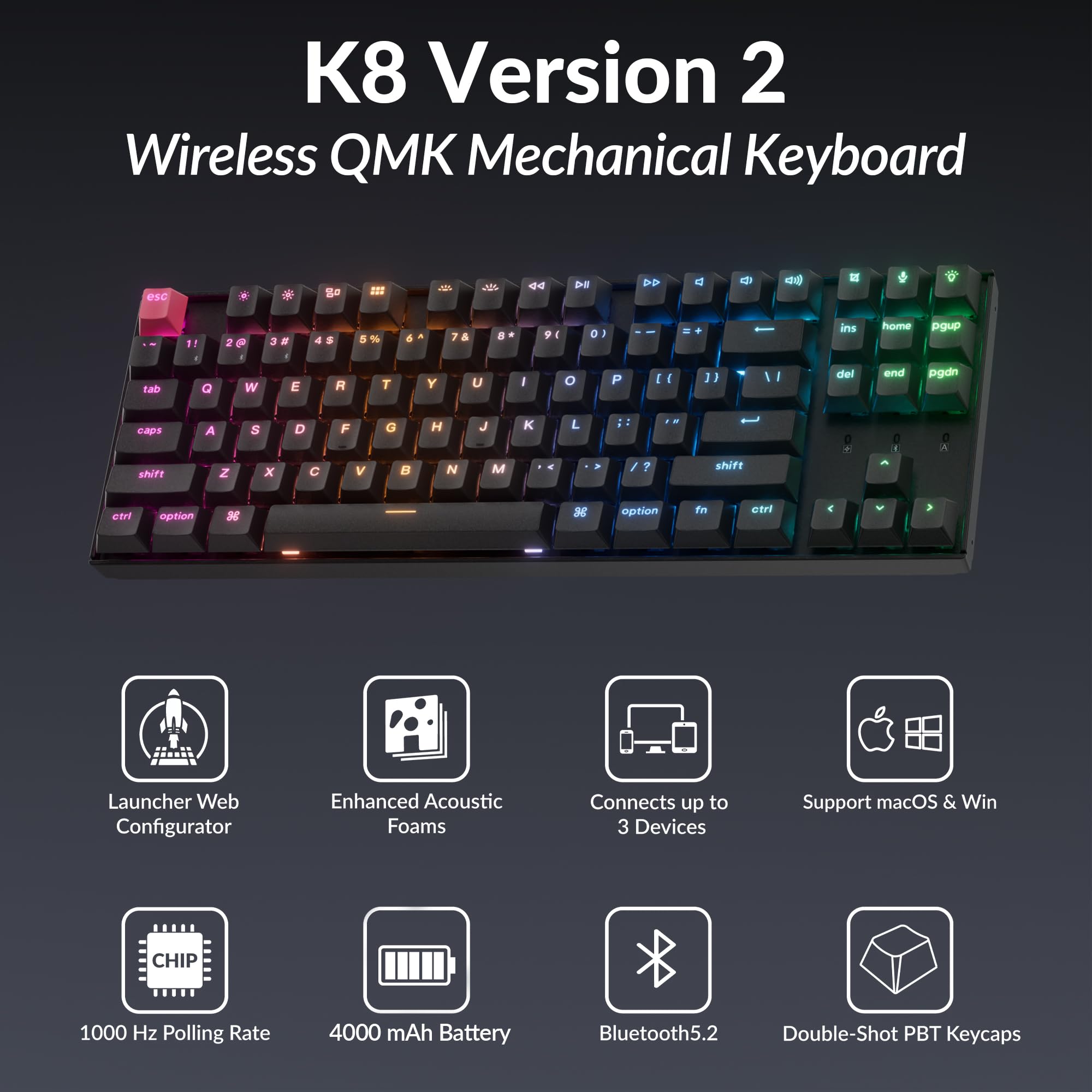 Keychron K8 Version 2 TKL Custom Wireless Mechanical Keyboard, QMK Programmable Bluetooth 5.2/Wired, RGB Backlit with Shine-Through PBT Keycaps, Super Brown Switch for Mac Windows Linux