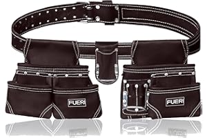 FUERI Leather Tool Belt with Dual Hammer Holster Tool Pouches Heavy Duty For Men Construction Carpenters Electricians Framers Ironworkers Garden Women