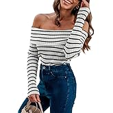 CUPSHE Women's Long Sleeve Sweater 2024 Fall Off The Shoulder Striped Sweater Tops