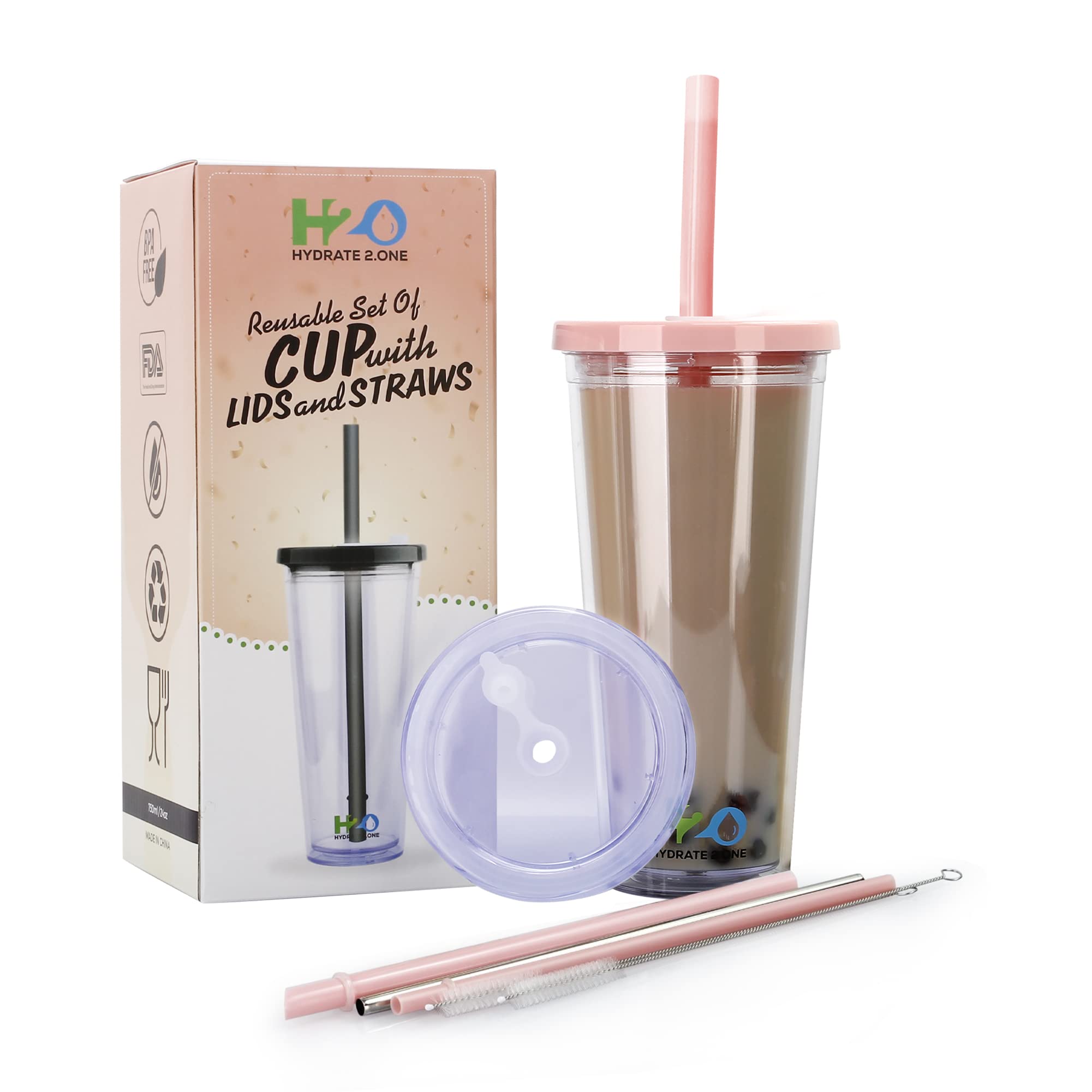 HYDRATE 2.ONE 700ml Iced Coffee Cup with 2 Lids, 1 Thick & 2 Thin Straws & 2 Brushes (NO Sleeve) | Reusable Travel Tumbler for Bubble Tea, Boba, Smoothie, Milkshake or Any Drinks (Pink) — image 1