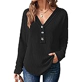 Flamingals Casual Long Sleeve V Neck Tops Solid Waffle Knit Button Front Shirts for Women