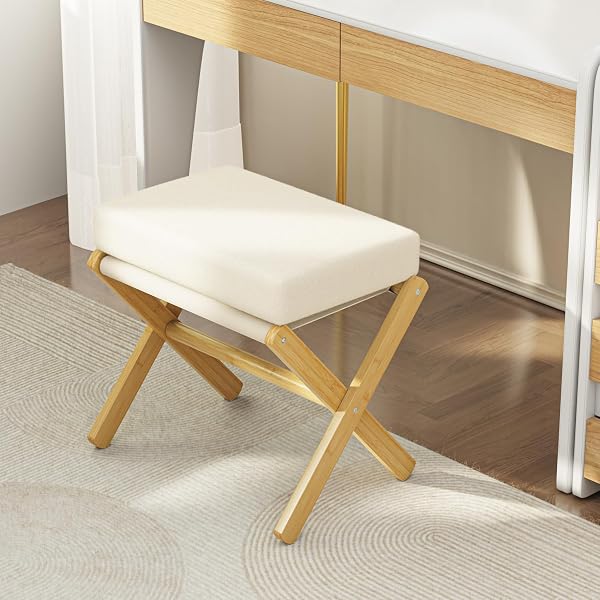 BAMBOOHOMIE FOLDABLE FOOT STOOL OTTOMAN, MODERN FOOT REST WITH BAMBOO X LEGS & THICK FOAM CUSHION, FOLDING FOOT STOOLS SMALL PADDED FOR BEDROOM LIVING ROOM, FOOTSTOOL FOR CHAIR COUCH (NATURAL – BEIGE)