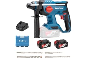 DONG CHENG DongCheng 20V Max Cordless Rotary Hammer Drill, 7/8" SDS-Plus, 4 Application Modes, Brushless, 2.1 Joules, Cordless Demolition Hammer for Concrete, Including 2 * 4.0Ah Battery, 4 Drill Bits