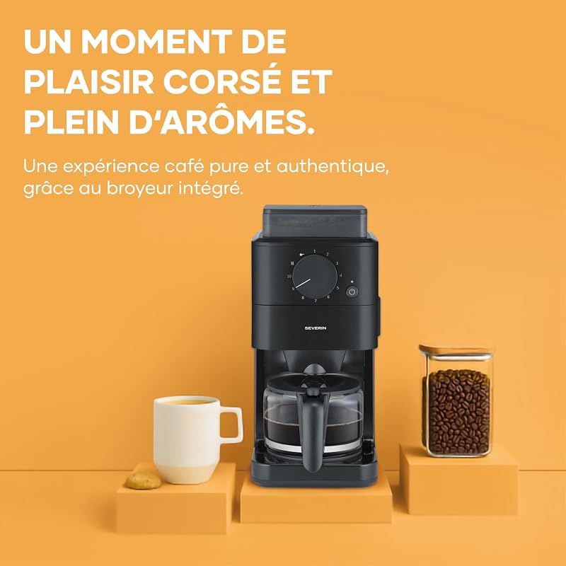 - Machine à café filtre avec broyeur intégré pour café en grains ou moulu + réglage de la mouture, Cafetière filtre avec carafe verre 10 tasses, cuillère, filtre permanent, noir, KA 9215
