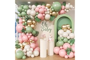 HKYOOD 152Pcs Pink and Green Balloon Garland Arch Kit - Sage Green and Pink White Sand Gold Different Size Balloons for Girl Baby Shower Wedding Birthday Jungle Safari Woodland Party Decorations