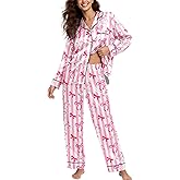Mutkirapup Women's Pajama Sets Silky Satin Cute Pjs 2 Piece Loungewear Soft Long Sleeve Button up Ladies Sleepwear S-XL