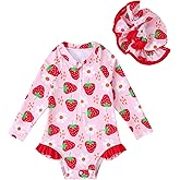 ADXSUN Baby Girl Swimsuit One-Piece Long Sleeve Rash Guard with Hat Set Strawberry/Flower Zipper Bathing Suit