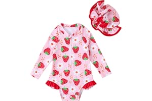 ADXSUN Baby Girl Swimsuit One-Piece Long Sleeve Rash Guard with Hat Set Strawberry/Flower Zipper Bathing Suit